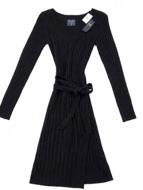 NWT Abercrombie & Fitch Black Ribbed Sweater Dress XS Tie Waist Side Slit